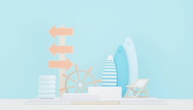 Gösteri ve satış ürünleri için 3D podyum arkaplanı oluşturun. Merhaba yaz sezonu sahne tasarımı konsepti. Sunum ve reklam için soyut boş kaide. Yaz Tatilleri.