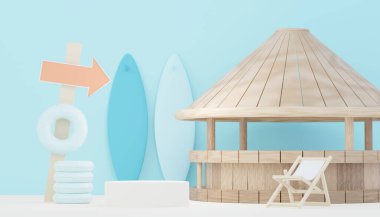 Gösteri ve satış ürünleri için 3D podyum arkaplanı oluşturun. Merhaba yaz sezonu sahne tasarımı konsepti. Sunum ve reklam için soyut boş kaide. Yaz Tatilleri.