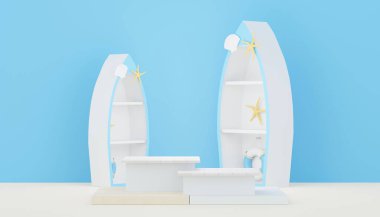 3D Satış Podyumu, ürün sergilemek için. Plaj Tatilleri Yazın Sahne Hazırlamak İçin.