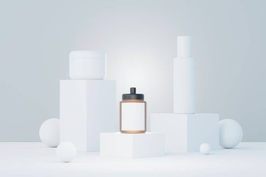 3 boyutlu boş kozmetik cilt ürünleri ya da paketleme modeli. Güzellik sabunu ve spa konsepti. Cilt sağlığı için losyon yağı nemlendirici. Markalaşma için kaliteli ve lüks tasarım.