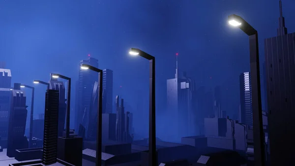 3d render of Cyber punk night city landscape concept. Light glowing on dark scene. Night life. Technology network for 5g. Beyond generation and futuristic of Sci-Fi Capital city and building scene.