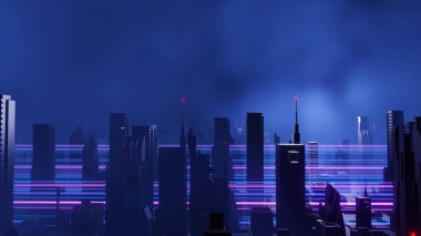Siber punk gece şehir peyzajının 3 boyutlu canlandırması. Karanlık sahnede ışık parlıyor. Gece hayatı. 5G için teknoloji ağı. Bilim-Kurgu Başkenti ve inşaat sahnesinin nesli ve geleceği ötesinde.