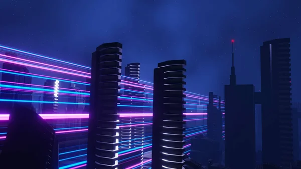 サイバーナイトシティ景観の概念の3Dレンダリング 暗いシーンで輝く光 ナイトライフ 5Gの技術ネットワーク Sci Capitalの世代と未来を超え シーンを構築する — ストック写真