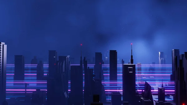 Рендеринг Cyber Punk Концепції Міського Ландшафту Світло Світить Темній Сцені — стокове фото