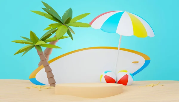 Render Summer Sale Podium Stand Showing Product Beach Vacations Scene — Stock Photo, Image