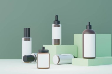 3 boyutlu boş kozmetik cilt ürünleri ya da paketleme modeli. Güzellik sabunu ve spa konsepti. Cilt sağlığı için losyon yağı nemlendirici. Markalaşma için kaliteli ve lüks tasarım.