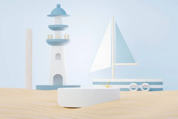 Render Summer Sale Podium Stand Showing Product Beach Vacations Scene — Stock Photo, Image