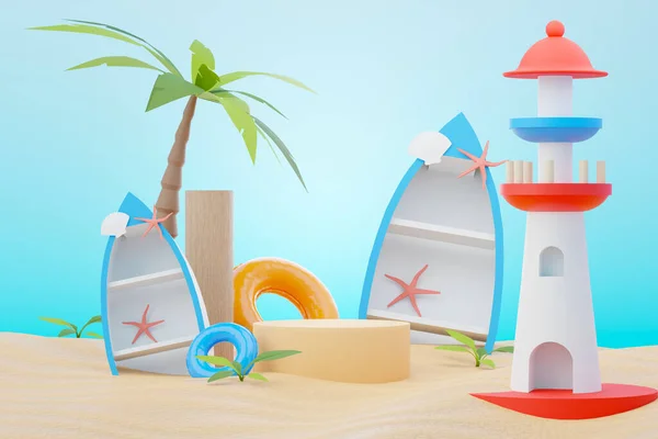 Renderować Summer Sprzedaż Podium Stoisko Wyświetlania Produktu Plaża Wakacje Scena — Zdjęcie stockowe