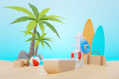 3D Satış Podyumu, ürün sergilemek için. Plaj Tatilleri Yazın Sahne Hazırlamak İçin.