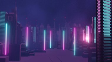 Siber gece şehri peyzaj konseptinin 3 boyutlu canlandırması. Karanlık sahnede ışık parlıyor. Gece hayatı. 5G için teknoloji ağı. Bilim-Kurgu Başkenti ve inşaat sahnesinin nesli ve geleceği ötesinde.