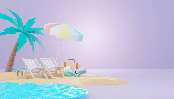 3D渲染夏季展台展示产品 暑期泳滩度假场景模拟 — 图库照片