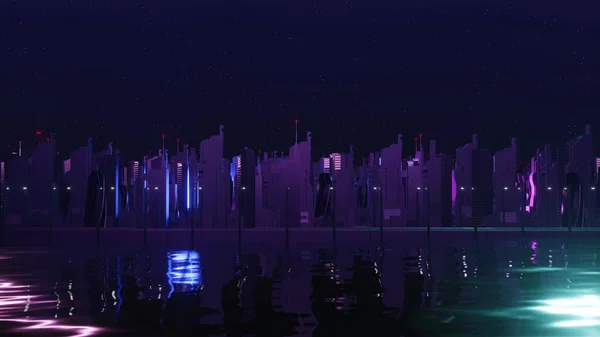网络夜市景观概念的三维渲染 灯光在黑暗的场景中闪耀 夜生活 5G的技术网络 科幻首都城和建筑界的超越世代与未来派 — 图库照片