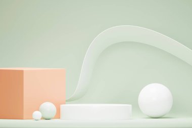 3D Pastel Green 'i podyum standı ile minimum arkaplan haline getir. Kozmetik ürün sunumu ve reklamcılığı için yeşil sahne platformu. Temiz tasarımda vitrin kaidesi olan stüdyo sahnesi.