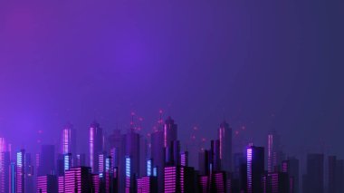 Siber gece mega şehir manzarasının 3 boyutlu canlandırması. Karanlık teknoloji sahnesinde ışık parlaması ve yansıma. Gece hayatı. 5G için teknoloji ağı. Bilim-Kurgu Başkenti 'nin ve inşaat sahnesinin çok ötesinde..