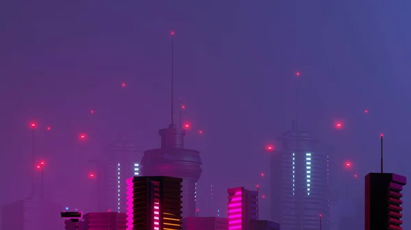 Render Cyber Night Mega City Landscape Scene Light Glowing Reflection — 스톡 사진