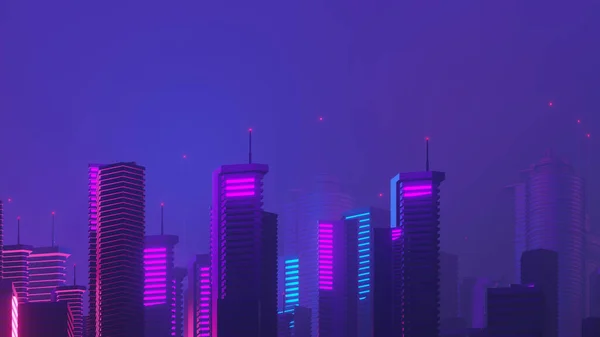 Рендеринг Кибер Ночь Мега Город Пейзаж Сцены Светящийся Свет Размышления — стоковое фото