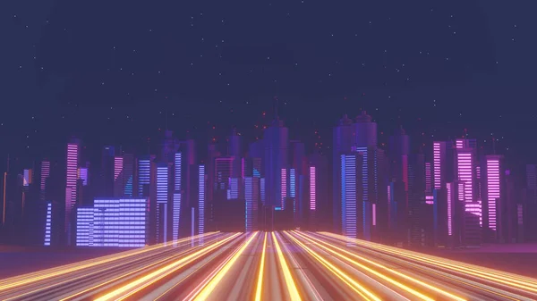 Renderizado Noche Cibernética Mega Escena Del Paisaje Ciudad Brillante Luz — Foto de Stock