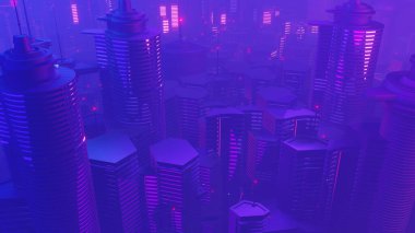 3d render of Cyber night mega city landscape scene. Light glowing and reflection on dark tech scene. Night life. Technology network for 5g. Beyond futuristic of Sci-Fi Capital city and building scene.