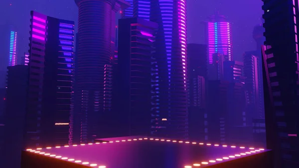 Siber Gece Mega Şehir Manzarasının Boyutlu Canlandırması Karanlık Teknoloji Sahnesinde — Stok fotoğraf