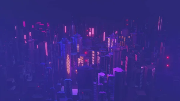 Render Cyber Night Mega City Landscape Scene Light Glowing Reflection — 图库照片