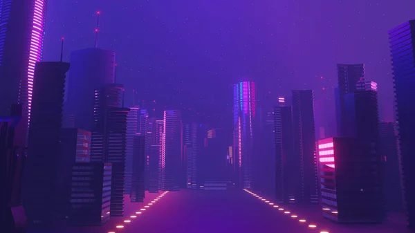 Render Cyber Night Mega City Landscape Scene Light Glowing Reflection — 스톡 사진