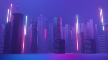 3d render of Cyber night mega city landscape scene. Light glowing and reflection on dark tech scene. Night life. Technology network for 5g. Beyond futuristic of Sci-Fi Capital city and building scene.