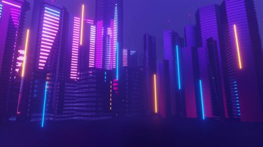 3d render of Cyber night mega city landscape scene. Light glowing and reflection on dark tech scene. Night life. Technology network for 5g. Beyond futuristic of Sci-Fi Capital city and building scene.