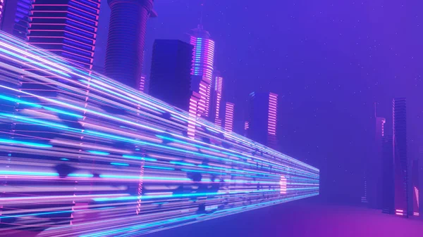 Siber Gece Mega Şehir Manzarasının Boyutlu Canlandırması Karanlık Teknoloji Sahnesinde — Stok fotoğraf