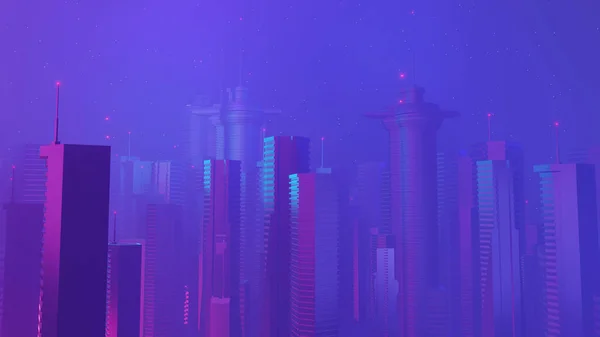 Render Cyber Night Mega City Landscape Scene Light Glowing Reflection — ストック写真