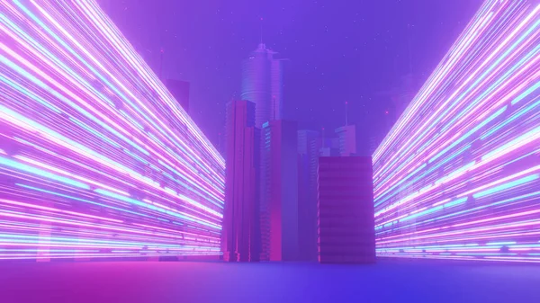 Render Cyber Night Mega City Landscape Scene Light Glowing Reflection — 图库照片