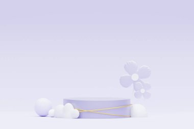 Pastel Purple 'ı podyum standı ile minimum arkaplan haline getir. Kozmetik ürün sunumu ve reklamcılığı için mor sahne platformu. Temiz tasarımda vitrin kaidesi olan stüdyo sahnesi.