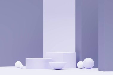 Pastel Purple 'ı podyum standı ile minimum arkaplan haline getir. Kozmetik ürün sunumu ve reklamcılığı için mor sahne platformu. Temiz tasarımda vitrin kaidesi olan stüdyo sahnesi.