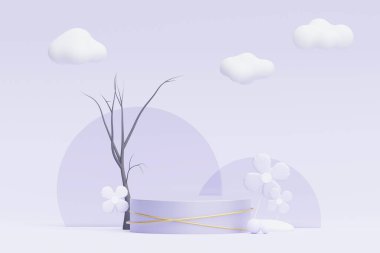 Pastel Purple 'ı podyum standı ile minimum arkaplan haline getir. Kozmetik ürün sunumu ve reklamcılığı için mor sahne platformu. Temiz tasarımda vitrin kaidesi olan stüdyo sahnesi.