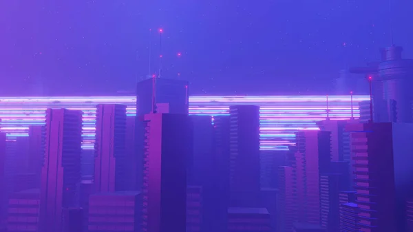 Ztvárnění Kybernetické Noční Mega Městské Krajiny Světlo Zářící Odraz Temné — Stock fotografie
