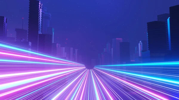 Render Cyber Night Mega City Landscape Scene Light Glowing Reflection —  Fotos de Stock