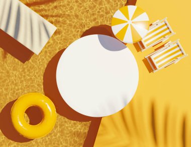 3d beyaz boş silindir çerçeve üst görünümü maket ve su Caustics alt yüzme havuzu veya parlak ışınları ile ürünleri görüntülemek. Dalgalı Kozmik. Yaz dönemi. Yaratıcı fikir kavramı.