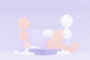 Pastel Purple 'ı podyum standı ile minimum arkaplan haline getir. Kozmetik ürün sunumu ve reklamcılığı için mor sahne platformu. Temiz tasarımda vitrin kaidesi olan stüdyo sahnesi.