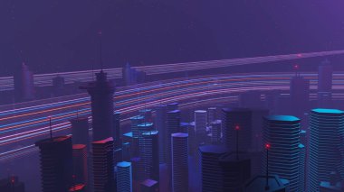 Siber gece mega şehir manzarasının 3 boyutlu canlandırması. Karanlık teknoloji sahnesinde ışık parlaması ve yansıma. Gece hayatı. 5G için teknoloji ağı. Bilim-Kurgu Başkenti 'nin ve inşaat sahnesinin çok ötesinde..