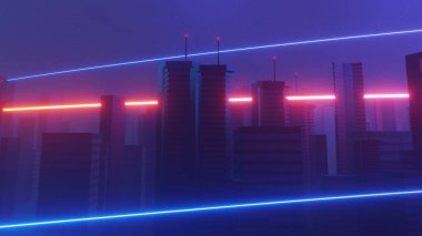 Siber gece mega şehir manzarasının 3 boyutlu canlandırması. Karanlık teknoloji sahnesinde ışık parlaması ve yansıma. Gece hayatı. 5G için teknoloji ağı. Bilim-Kurgu Başkenti 'nin ve inşaat sahnesinin çok ötesinde..