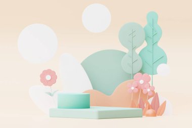 Abstract Pastel of nature, flowers leaves and tree plants with Podium stand platform. Cute Cartoon natural landscape background. Scene of spring colorful plants with minimal design. 3D Render.