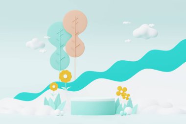 Abstract Pastel of nature, flowers leaves and tree plants with Podium stand platform. Cute Cartoon natural landscape background. Scene of spring colorful plants with minimal design. 3D Render.