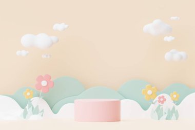 Abstract Pastel of nature, flowers leaves and tree plants with Podium stand platform. Cute Cartoon natural landscape background. Scene of spring colorful plants with minimal design. 3D Render.