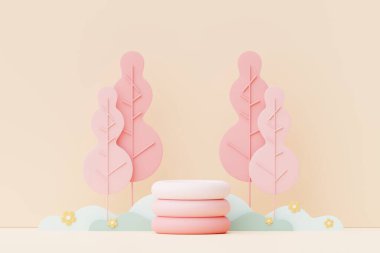 Abstract Pastel of nature, flowers leaves and tree plants with Podium stand platform. Cute Cartoon natural landscape background. Scene of spring colorful plants with minimal design. 3D Render.