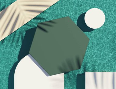 3d beyaz boş silindir çerçeve üst görünümü maket ve su Caustics alt yüzme havuzu veya parlak ışınları ile ürünleri görüntülemek. Dalgalı Kozmik. Yaz dönemi. Yaratıcı fikir kavramı.