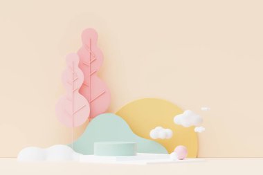 Abstract Pastel of nature, flowers leaves and tree plants with Podium stand platform. Cute Cartoon natural landscape background. Scene of spring colorful plants with minimal design. 3D Render.