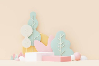 Abstract Pastel of nature, flowers leaves and tree plants with Podium stand platform. Cute Cartoon natural landscape background. Scene of spring colorful plants with minimal design. 3D Render.