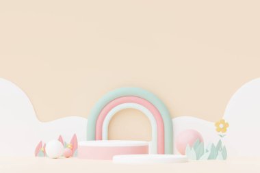 Abstract Pastel of nature, flowers leaves and tree plants with Podium stand platform. Cute Cartoon natural landscape background. Scene of spring colorful plants with minimal design. 3D Render.