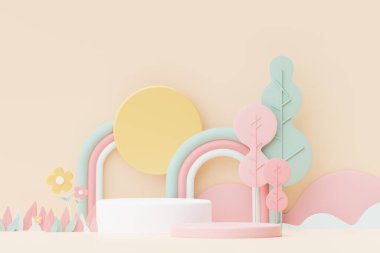 Abstract Pastel of nature, flowers leaves and tree plants with Podium stand platform. Cute Cartoon natural landscape background. Scene of spring colorful plants with minimal design. 3D Render.