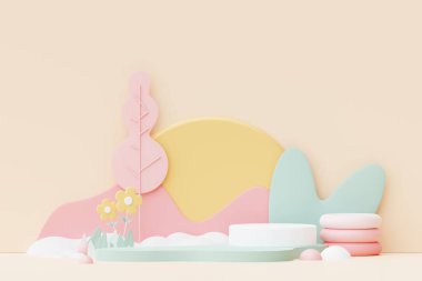 Abstract Pastel of nature, flowers leaves and tree plants with Podium stand platform. Cute Cartoon natural landscape background. Scene of spring colorful plants with minimal design. 3D Render.