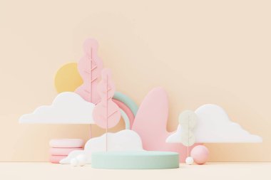 Abstract Pastel of nature, flowers leaves and tree plants with Podium stand platform. Cute Cartoon natural landscape background. Scene of spring colorful plants with minimal design. 3D Render.